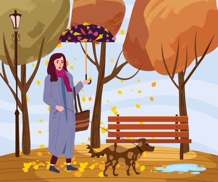 Young fashion woman with dog and umbrella in the autumn park city, trendy clothes street fashionable style outwear female, fall, rain, mood. Trendy vector styleのイラスト素材
