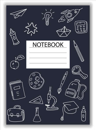 Cover Notebook school doodles icons hand drawn. Template cover for diary, broshure, poster, sketchbook. Vector illustrationのイラスト素材