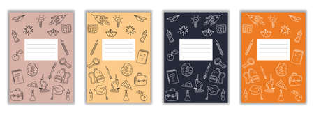 Set Cover Notebook school doodles icons hand drawn. Template cover for diary, broshure, poster, sketchbook. Vector illustrationのイラスト素材