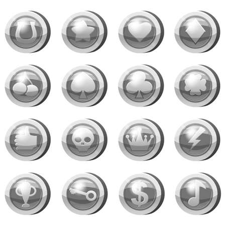 Set of Silver Coins for game apps. Silver icons star, heart, clubs hearts, tambourine, spades, clover leaf, scull,crown, bolt, cherry, key symbols game UI, gaming gambling. Vector illustrationの写真素材
