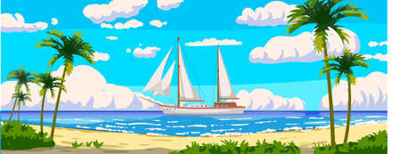 Tropical resort landscape panorama, sailboat. Sea shore sand, exotic palms, coastline, clouds, sky, summer vacation. Vector illustration cartoon styleのイラスト素材