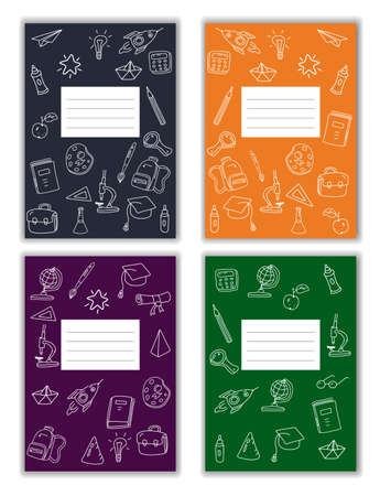 Set Cover Notebook school doodles icons hand drawn. Template cover for diary, broshure, poster, sketchbook. Vector illustrationのイラスト素材