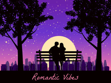 Romantic Vibes Couple lovers on bench in park, under trees. Sunset, night, stars. Vector Happy Valentines Day illustration, silhouetteのイラスト素材