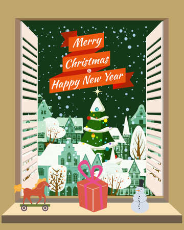Merry Christmas window living room, interior holiday. House room decorated christmas tree retro toys, winter old town cityscape view. Vector illustration cartoon vintage styleのイラスト素材