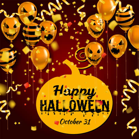 Happy Halloween banner with Balloons air realistic, gold confetti foil falling. Scary smiles, ghost icons black, orange colors. Halloween template backgroundのイラスト素材