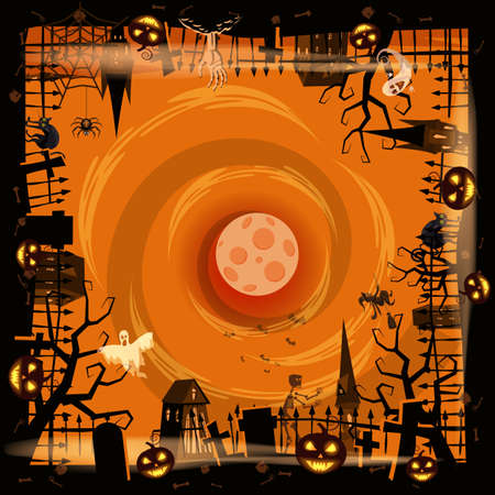 Happy Halloween poster, scary smiles pumpkins, night cemetery, haunted house, ghost, witch, black cat, full Moon. Vector illustration cartoon style bannerの写真素材