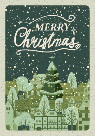 Vintage poster Merry Christmas and Happy New Year, winter old town cityscape. Urban landscape greeting card. Vector illustration cartoon retro styleのイラスト素材
