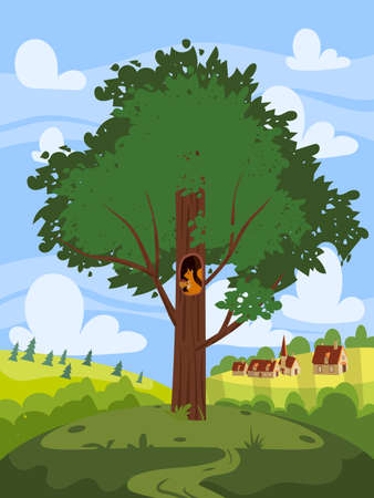 Green Tree Oak, beautiful country rural landscape, farm, village on backgriund. Summer, spring seasone. Vector illustration cartoon style poster banner templateのイラスト素材