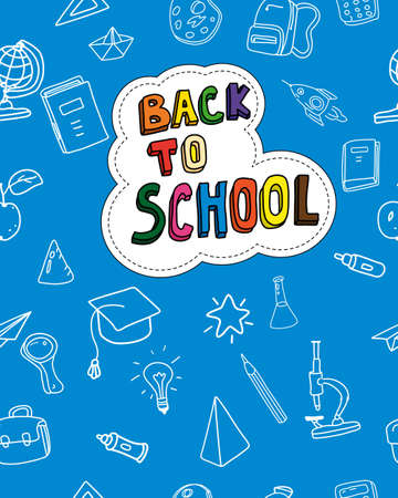 Back to school cover background, hand draw doodle icons supples, equipment, elements seamless pattern. Cover notebook, broshure, poster, flyer, book template vector illustrationのイラスト素材