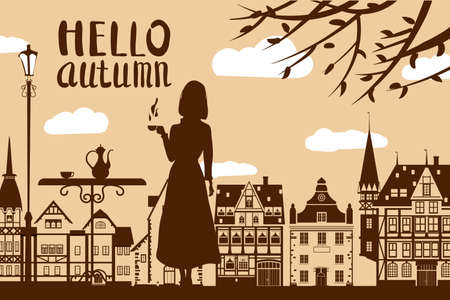 Silhouette elegant girl with cup of coffee, lettering Hello Autumn, cafe table, tree, city houses. Vector illustrationのイラスト素材