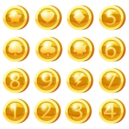 Set of Golden Coins for game apps. Gold icons star, heart, numbers symbols game UI, gaming gambling. Vector illustrationの写真素材