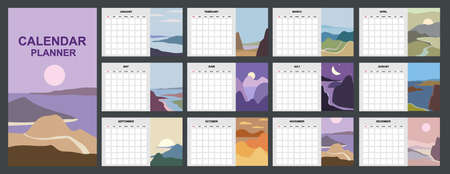 Calendar Planner abstract minimalist contemporary landscape natural backgrounds. Monthly template for diary business. Week Starts Sunday. Vector isolatedのイラスト素材
