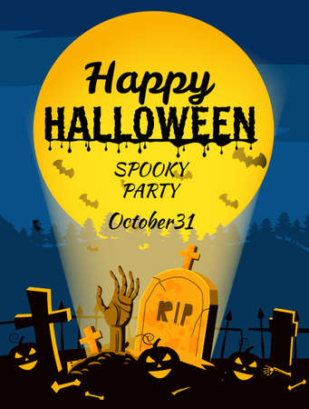 Happy Halloween poster, night cemetery, zombie hand crawls out against the background of the full moon. Vector illustration cartoon style bannerのイラスト素材