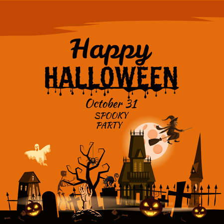 Happy Halloween poster, scary smiles pumpkins, night cemetery, haunted mansion, ghost, witch, black cat, full Moon. Vector illustration cartoon style bannerのイラスト素材
