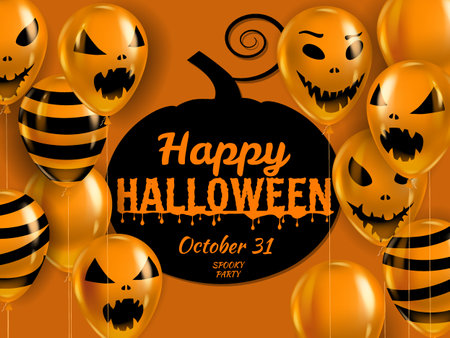 Happy Halloween banner with Balloons air realistic. Scary smiles, ghost icons black, orange colors. Halloween template backgroundのイラスト素材