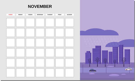 Calendar Planner November month. Minimalistic landscape natural backgrounds Autumn. Monthly template for diary business. Vector isolatedのイラスト素材