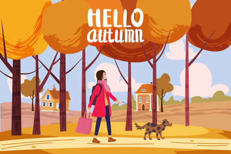 Hello Autumn, young woman walks the dog in the autumn city park. Trendy fashionable look with pet, fall mood. Vector illustration bannerのイラスト素材