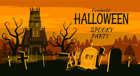 Happy Halloween poster, night cemetery, haunted mansion. Vector illustration cartoon style bannerのイラスト素材