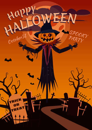 Happy Halloween poster, road, night cemetery, bats, full Moon. Vector illustration cartoon style bannerのイラスト素材