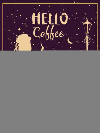 Hello Coffee Silhouette elegant girl in hat with cup of coffee, lettering Hello Autumn, cafe table, night, city houses. Vector illustration posterのイラスト素材