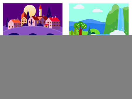 Set of seasons landscapes winter, spring, summer, autumn. Rural, mountaines, field, city, sea, snow, hot, rain, night. Vector minimalistic flat illustrationのイラスト素材