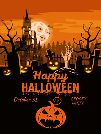 Happy Halloween poster, scary smiles pumpkins, night cemetery, haunted dark castle, ghost, witch, black cat, full Moon. Vector illustration cartoon style bannerのイラスト素材