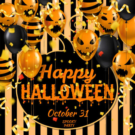 Happy Halloween banner with Balloons air realistic, gold confetti foil falling. Scary smiles, ghost icons black, orange colors. Halloween template backgroundのイラスト素材