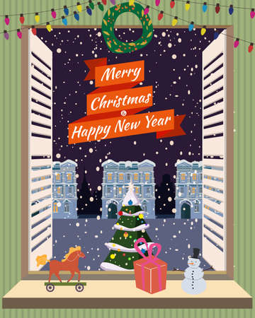 Merry Christmas window living room, interior holiday. House room decorated christmas tree retro toys. Vector illustration cartoon vintage styleのイラスト素材