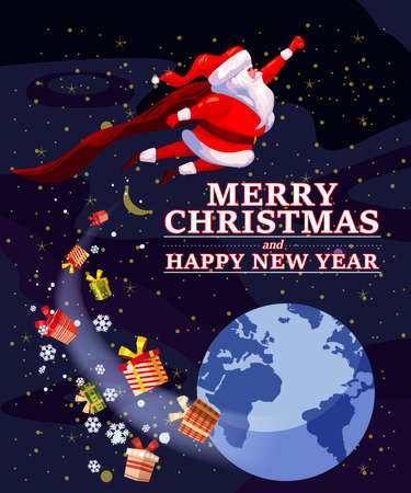 Santa Claus funny as Superhero wearing cape flying in space above Earth giving out gift boxes. Merry Christmas poster background cartoon style illustrationのイラスト素材