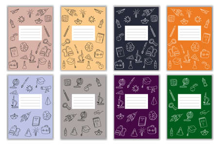 Set Cover Notebook school doodles icons hand drawn. Template cover for diary, broshure, poster, sketchbook. Vector illustrationのイラスト素材