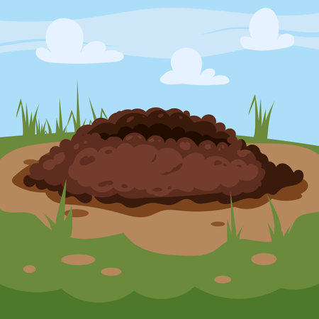 Hole animal in the ground, burrow ground works digging, pile dirt. Vector illustration cartoon styleのイラスト素材