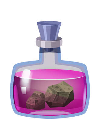 Bottle magic potion with stone. Game icon asset, glass, liquid elixir, poisine, flask, Vector illustration cartoon for game, app UIのイラスト素材