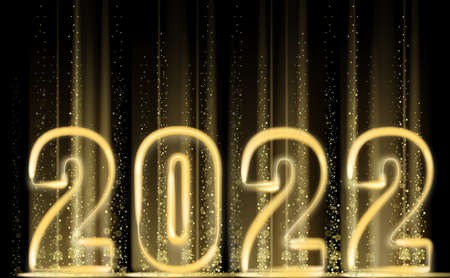2022 New Year shiny gold color shiny numbers banner. Realistic text flash light, golden particles, glitter, sparkles dust, black background. Vector illustration greeting cardのイラスト素材