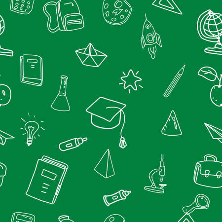 School doodles, pattern seamless. Back to school line icons supples, equipment, elements. Hand drawn scetches vector illustration backgroundのイラスト素材