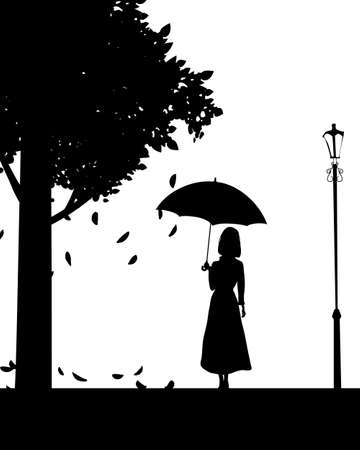 Silhouette of cute girl with umbrella, black color, autumn, tree, street lamp. Vector illustration wight backgroundのイラスト素材