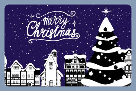 Retro banner Merry Christmas, winter Europe old town cityscape. Urban landscape greeting card. Vector illustration cartoon retro styleのイラスト素材