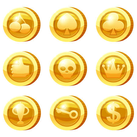 Set of Golden Coins for game apps. Gold icons, card suits, crown, scull, key, goblet, symbols game UI, gaming gambling. Vector illustrationのイラスト素材