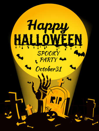 Retro poster Happy Halloween poster, night cemetery, zombie hand crawls out against, background of the full moon . Vector illustration cartoon style bannerのイラスト素材