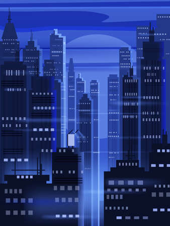 Night futuristic city background, bright lights, panorama, modern buildings, midnight. Vector illustration poster coverのイラスト素材