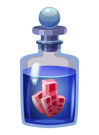 Bottle magic potion with crystal. Game icon asset, glass, liquid elixir, poisine, flask, Vector illustration cartoon for game, app UIのイラスト素材
