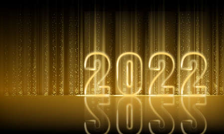 2022 New Year shiny gold color shiny numbers banner. Realistic text flash light, golden particles, glitter, sparkles dust, black background. Vector illustration greeting cardの写真素材