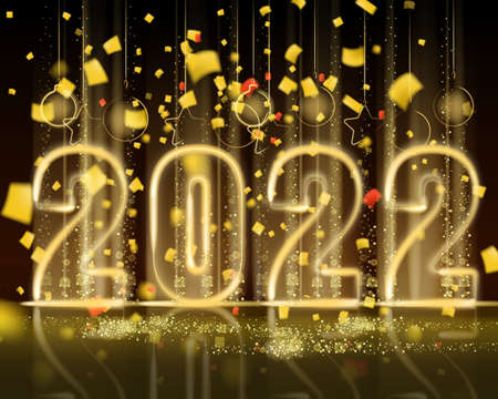 2022 New Year shiny gold color shiny numbers banner. Realistic text flash light, golden particles, glitter, sparkles dust, black background. Vector illustration greeting cardの写真素材