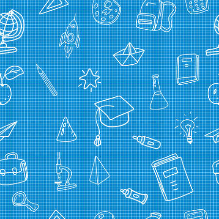 School doodles, pattern seamless. Back to school line icons supples, equipment, elements. Hand drawn scetches vector illustration backgroundのイラスト素材