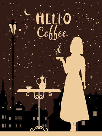 Hello Coffee Silhouette elegant girl with cup of coffee, lettering Hello Autumn, cafe table, night, city houses. Vector illustration posterのイラスト素材