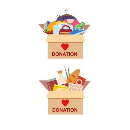 Donation cardboard boxes with clothes, food, wear, books, shoes for refugees. Help for refugees, poor kids. Awareness and charity concept, vector, illustration flat cartoon styleのイラスト素材