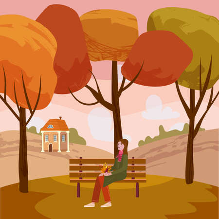 Happy girl sitting on a bench with a cup of coffee, under a tree with falling yellow leaves in a park. Vector, illustrationのイラスト素材