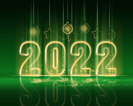 2022 New Year shiny gold color shiny numbers banner. Realistic text flash light, golden particles, glitter, sparkles dust, green background. Vector illustration greeting cardのイラスト素材