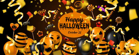 Happy Halloween banner with Balloons air realistic, gold confetti foil falling. Scary smiles, ghost icons black, orange colors. Halloween template backgroundのイラスト素材