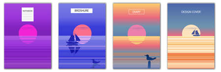 Set Cover backgrounds design template for book, notebook, flyer, banner, poster, card. Abstract seascape ocean sunset view minimalist style. Vector illustrationのイラスト素材