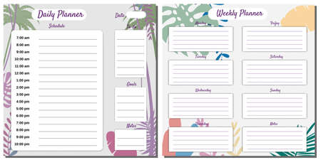 Weekly, Daily Planner Set template vector. Palms floral decoration background, timetable, To Do list, goals, notes. Business notebook management, organizerのイラスト素材